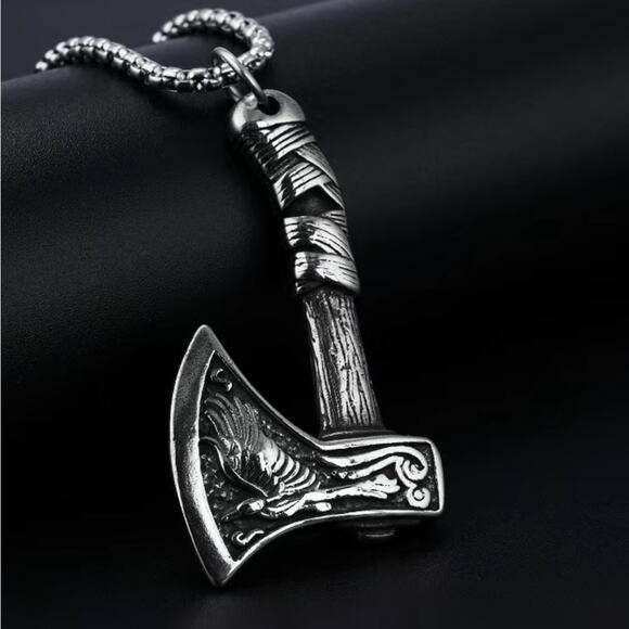 Viking Nordic Wolf Bird Ax Pendant 2 Sided Celtic Ragnar with Chain - Picture 2 of 6